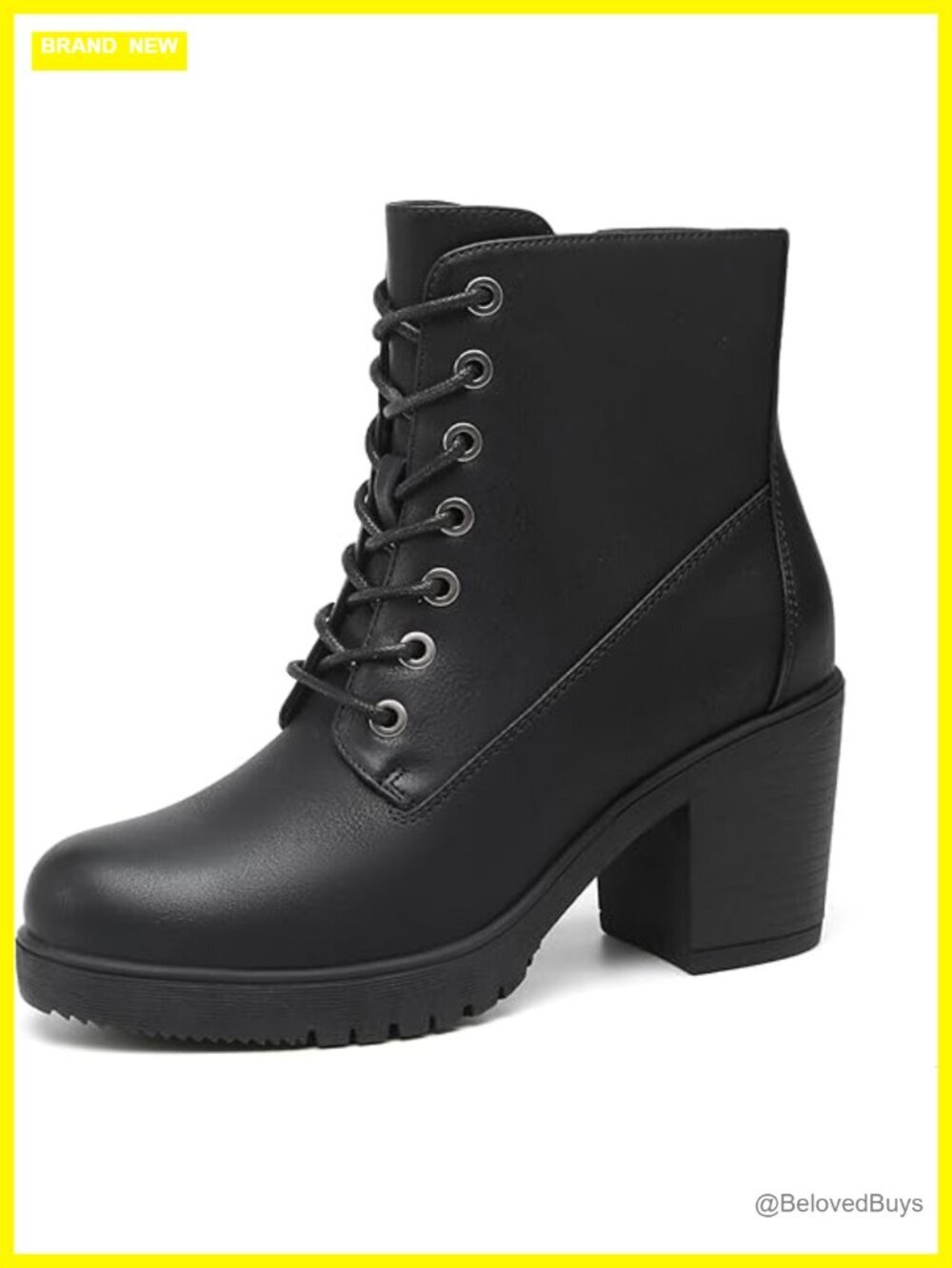 Chunky Heel Ankle Boots Lace-Up Side Zipper Booties PU Leather Non-Slip